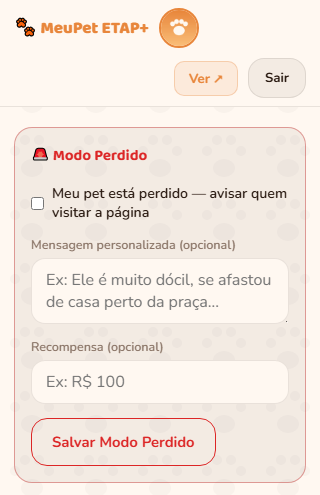 Painel do tutor no MeuPet ETAP+, card do Modo Perdido — captura real do sistema